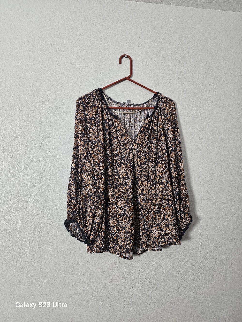 Wit & Wisdom Navy Floral Boho Blouse with Tan Accents Sz XL